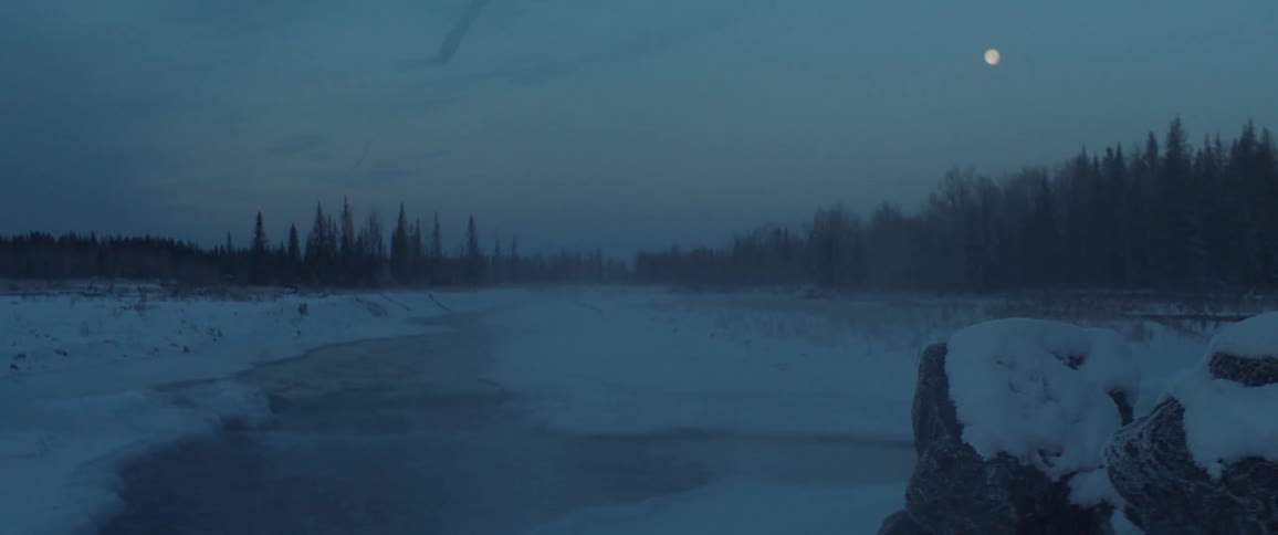 The moon glows above a snowy forest landscape