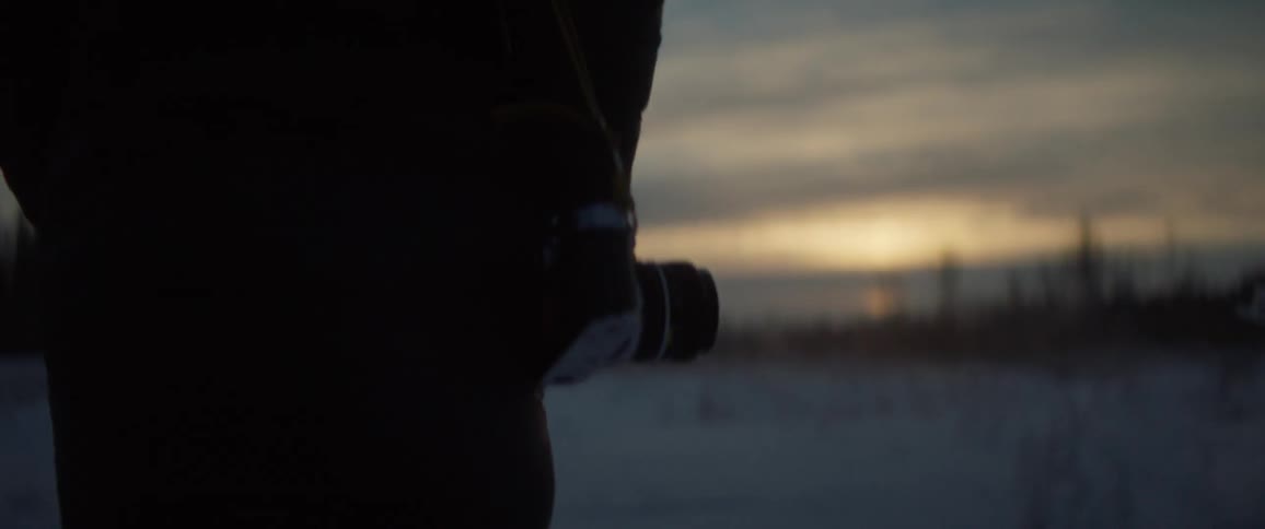 A woman is carrying a camera as she walks in a winter landscape at dusk