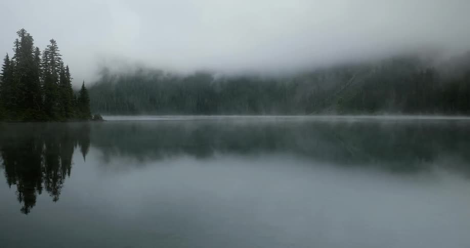 Fog hovers over a still lake