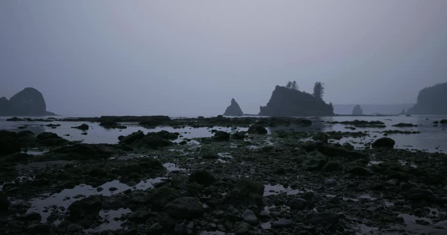 Still water and a rocky shore