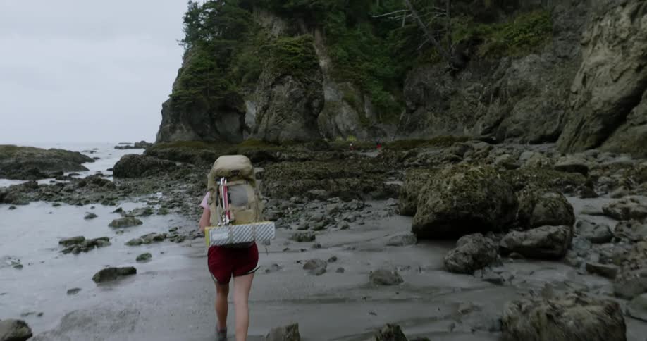 A hiker walks on a rocky beach