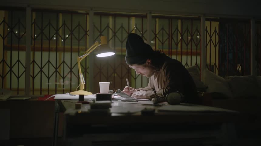 A man is sitting at a desk drawing at night