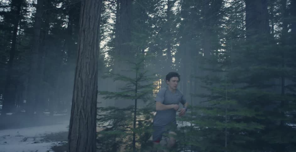 Child runs through snowy woods on a sunny day