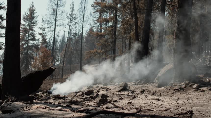 A fire burns in a forest
