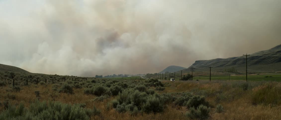 A fire burns and pours smoke into the sky