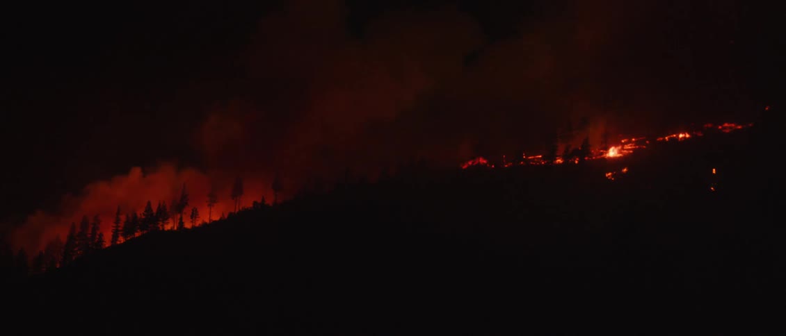 The forest on the hill is burning at night