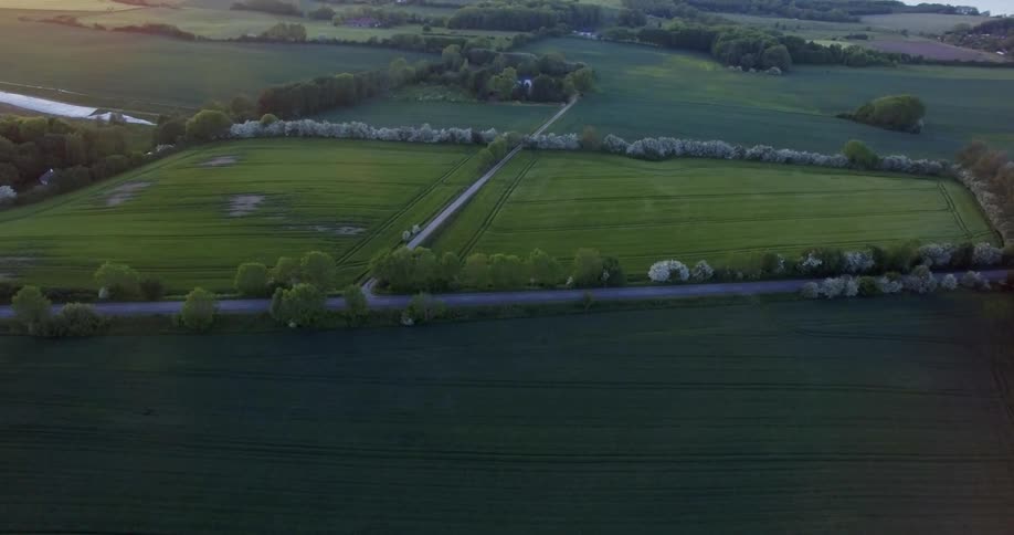 The green fields are calm at sunset