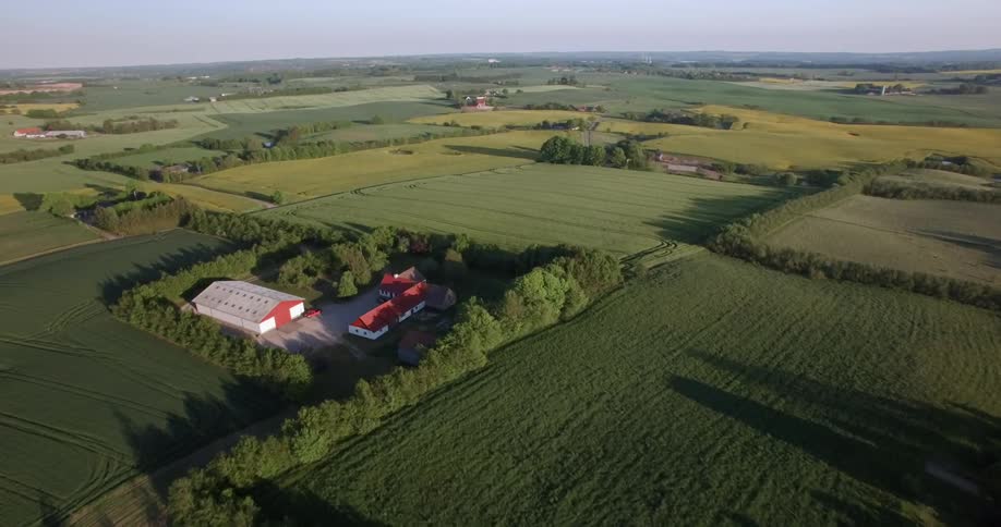 Farm fields are stretching out across a landscape in daylight