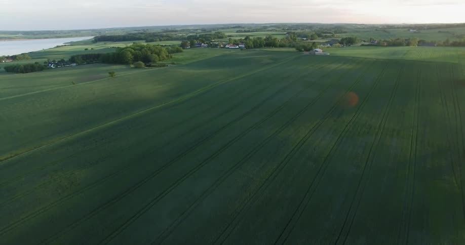 Farm fields are stretching out across a landscape in daylight