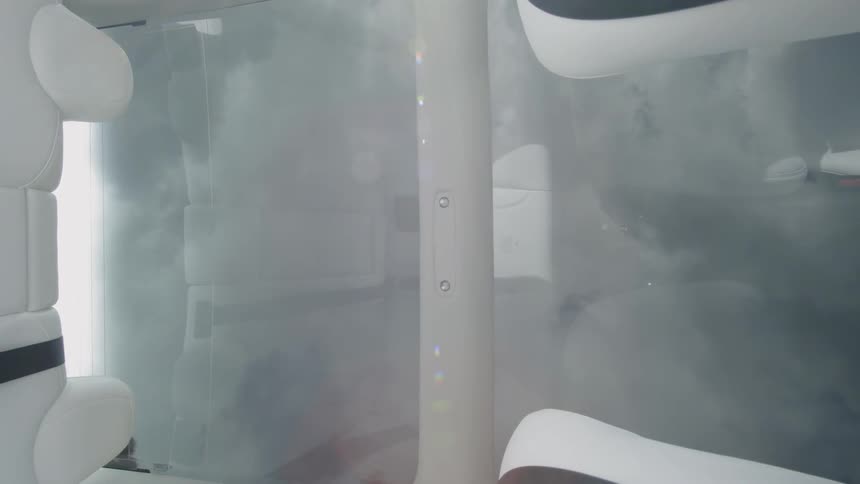A car with a glass roof drives beneath trees