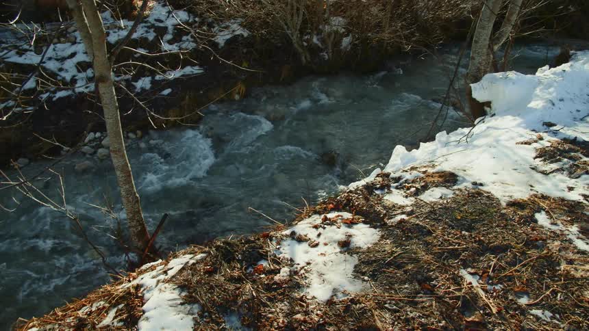 Water is flowing in a stream on a winter day