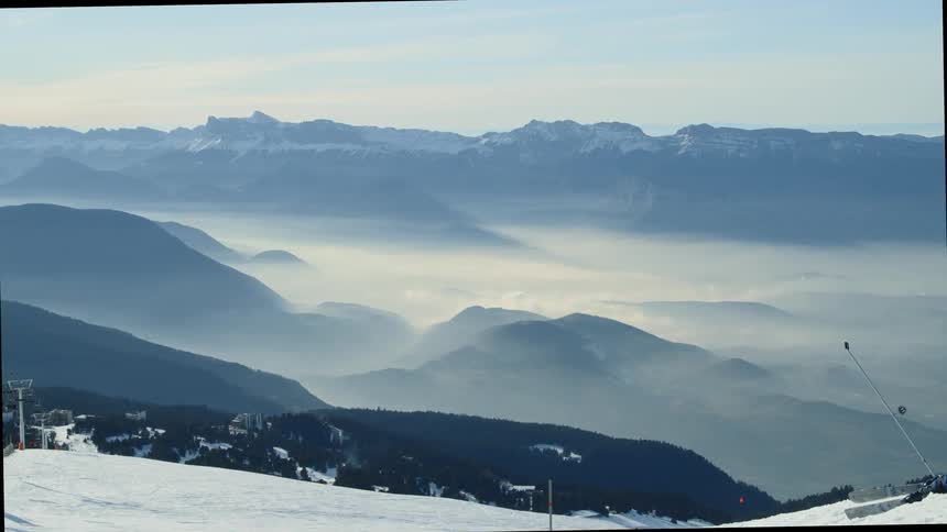 Snow covers the mountain landscape