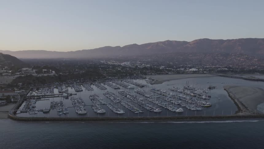 Aerial view of a distant coastal town