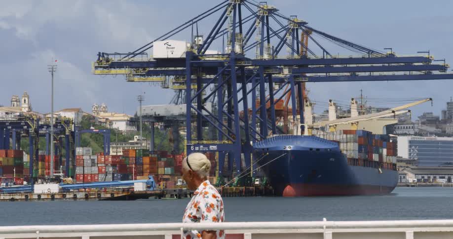 A woman walks along the water edge by shipping freighters