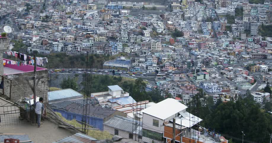 A boy holding a shovel is standing in a yard overlooking a city during the day
