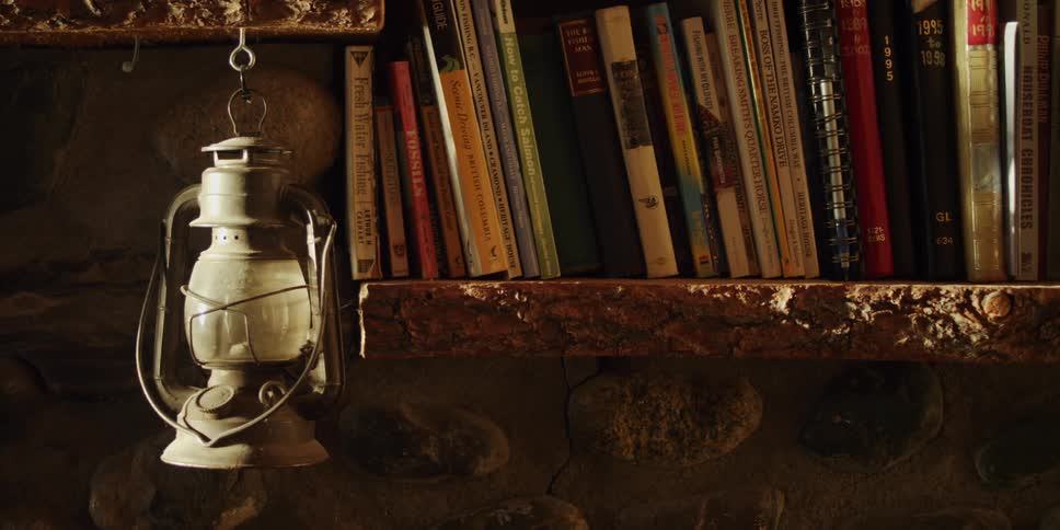 Lantern hanging next to books on bookshelf