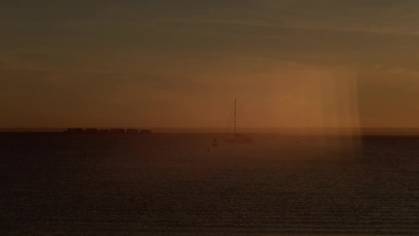 A bird flies over the ocean at sunset