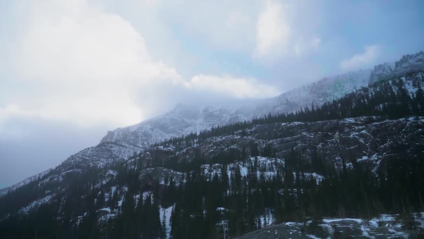 Snow starts to fall on trees and mountain