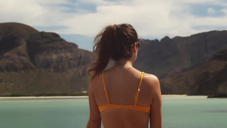 A woman is on the beach looking at the water on a windy day