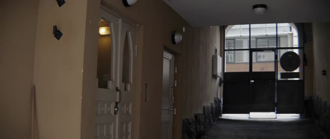 A dark narrow corridor showcases traditional residential apartment entrances on a cloudy day.