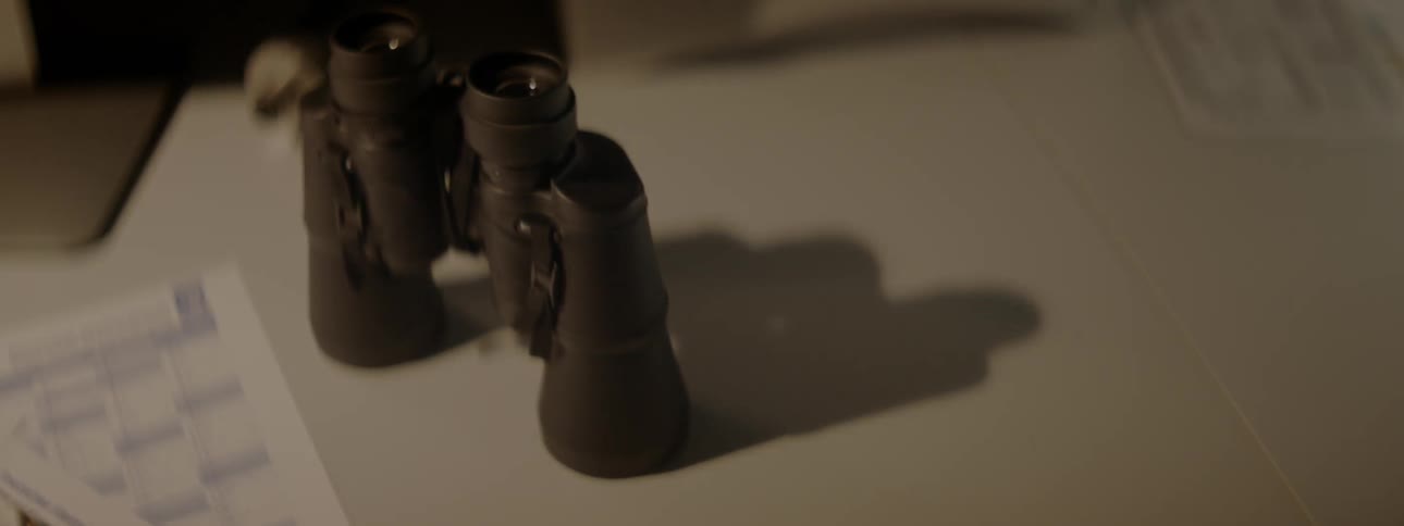 A pair of binoculars are sitting on a desk