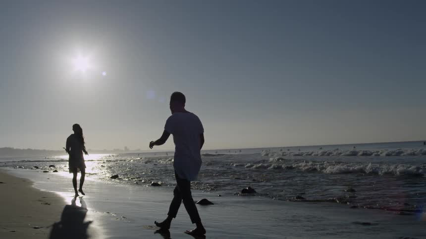 Man and woman walking on ocean beach on sunny day