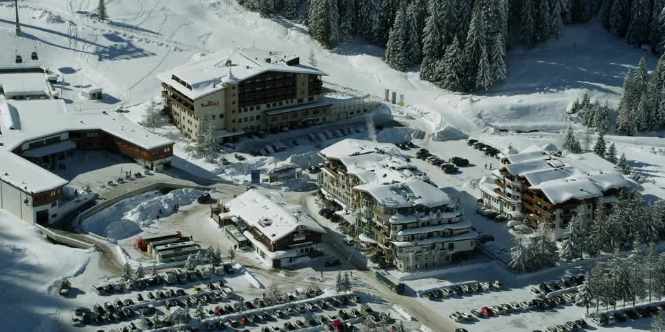 Snow covers buildings surrounded by pine trees