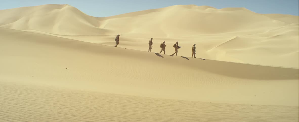 Soldiers march in line over the desert