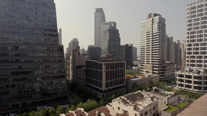 Trees line the street around city buildings