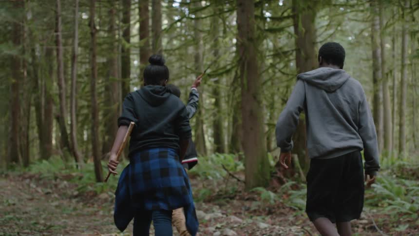 A girl and two boys are playing as they walk in a forest in daylight