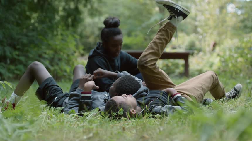A girl and two boys are lounging in the grass in a park in daylight