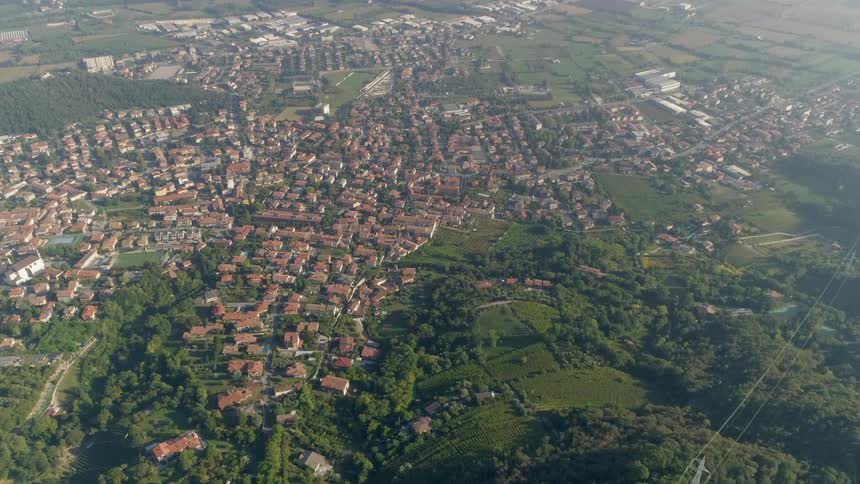 Aerial view of a small town with houses close together