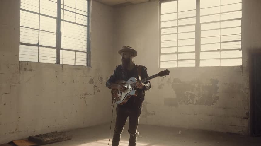 Man playing guitar in a large empty room of a building