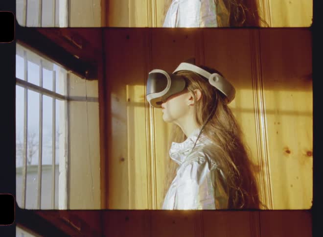 A woman wears a virtual reality headset next to a window