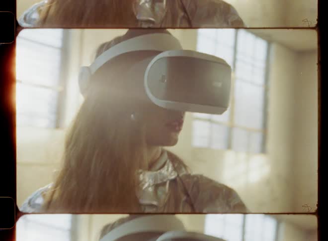 A woman walks in the room wearing a virtual reality headset