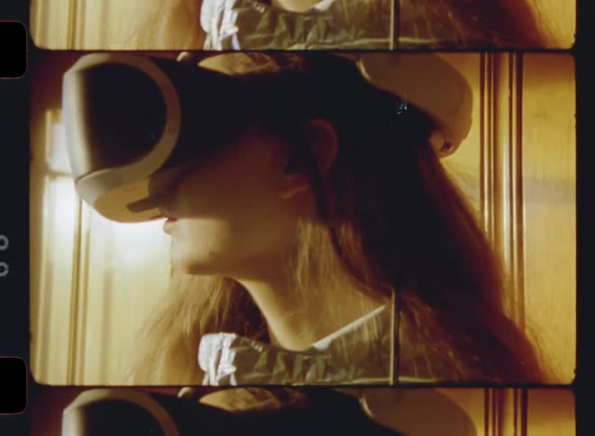 A woman wears a virtual reality headset