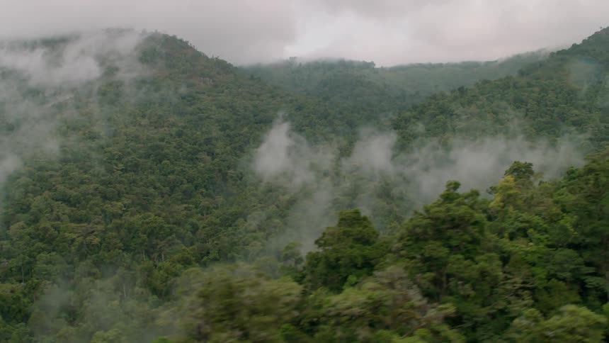 Haze hangs above the tree covered valley between mountains