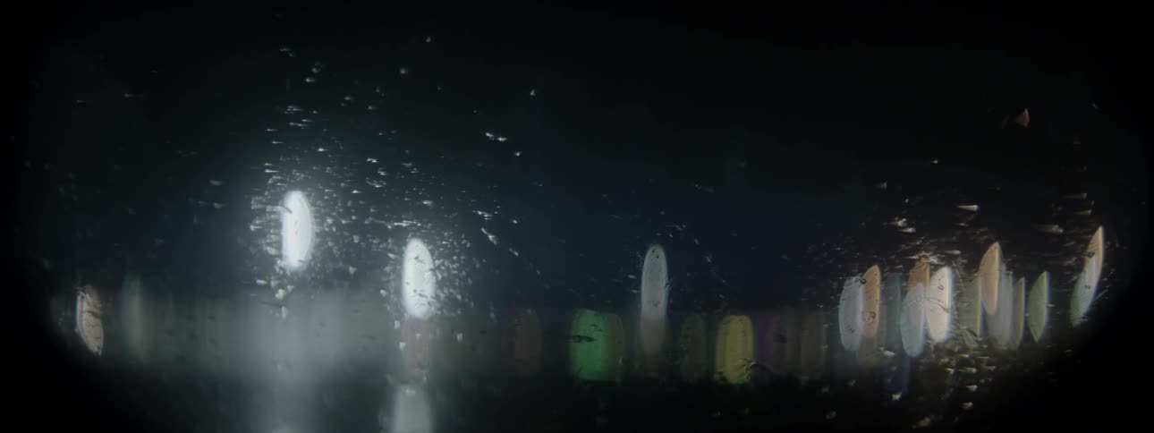 Lights are reflecting through a vehicle window on a rainy night