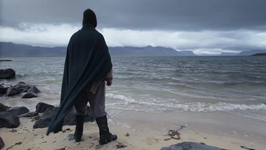 Person wearing a black cloak stands at the edge of a large body of water