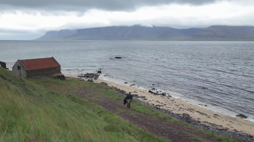 A woman is walking along the coast away from a cabin in daylight
