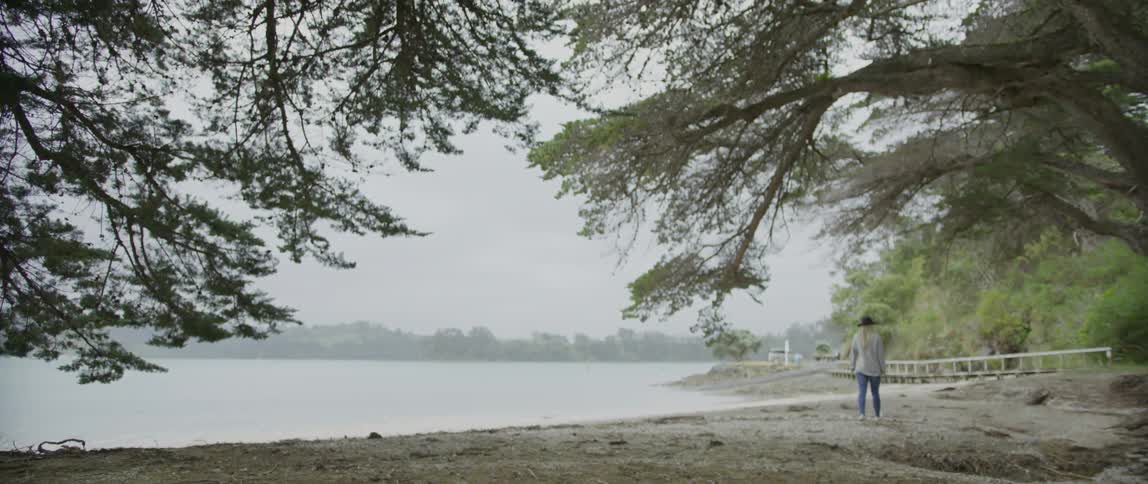 A woman walking along a shoreline