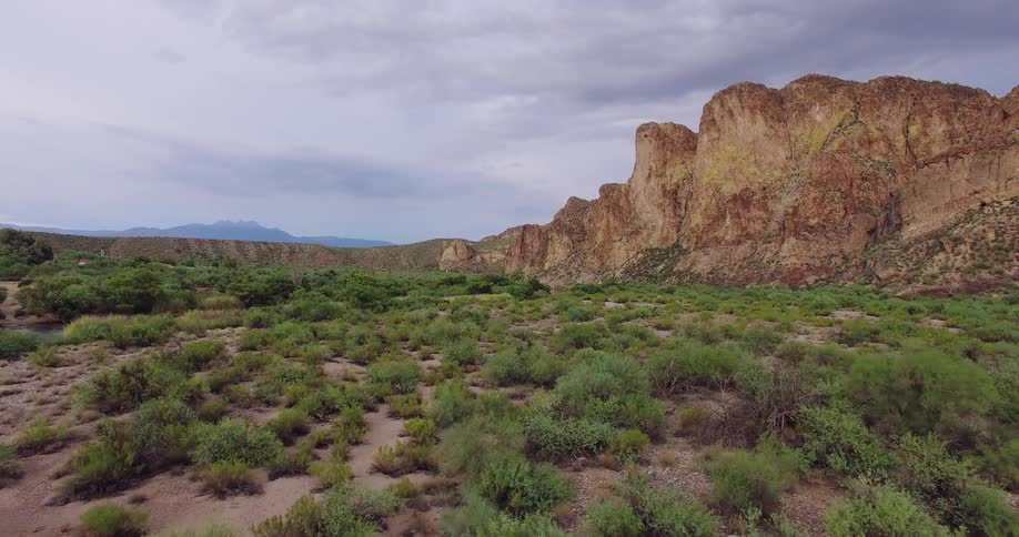 The fields are full of green bushes near the canyon by the water