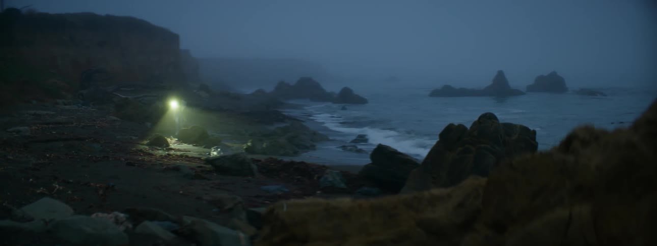 A woman shines a flashlight while walking on the beach at night
