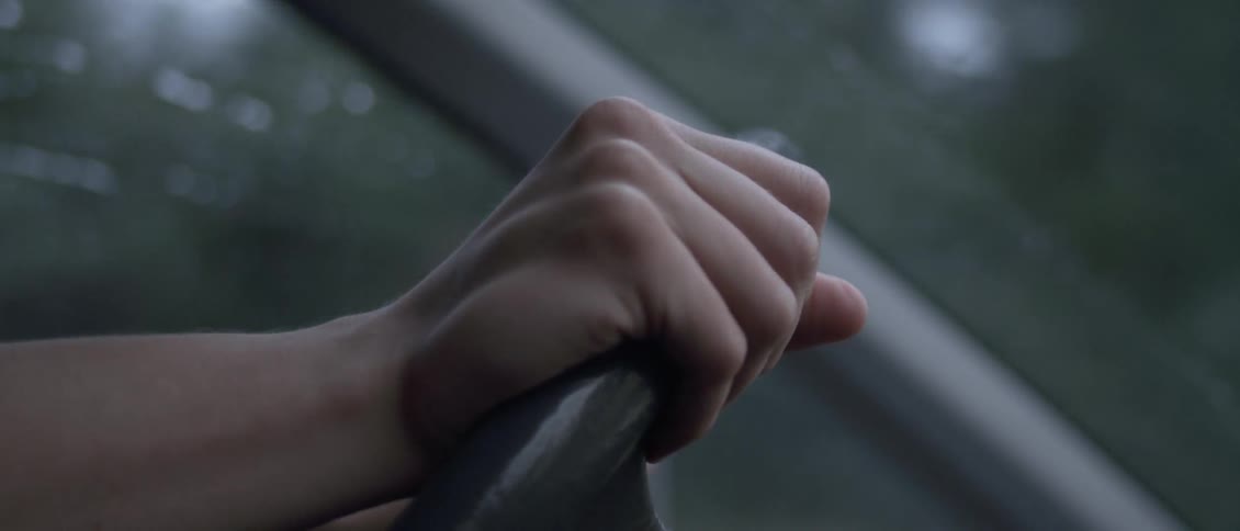 Person's hand on a steering wheel as they drive through the country