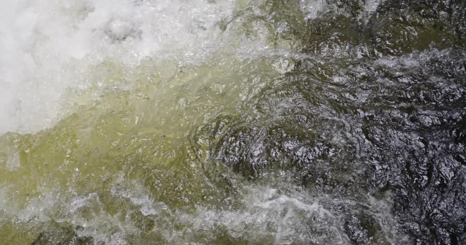 Rapids are rushing over a ledge in a river in daylight