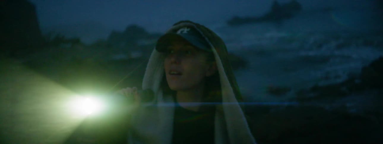 A woman shines a flashlight on the beach at night