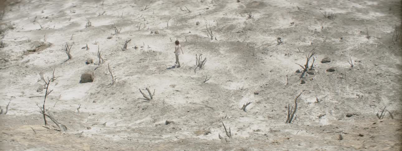 A woman walks through a desert area