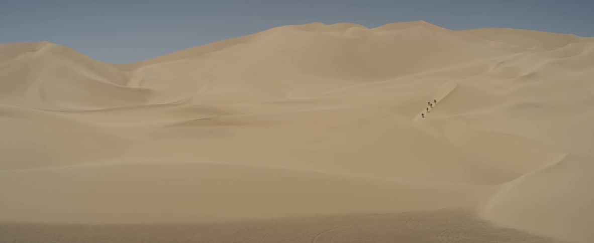 Group of people are walking down sand in vast dunes on sunny day