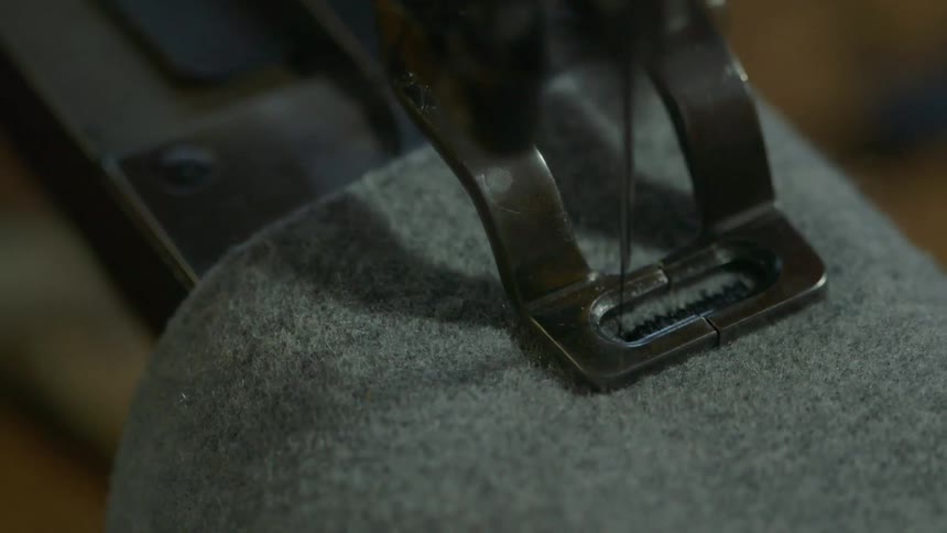 Sewing machine sews a piece of fabric