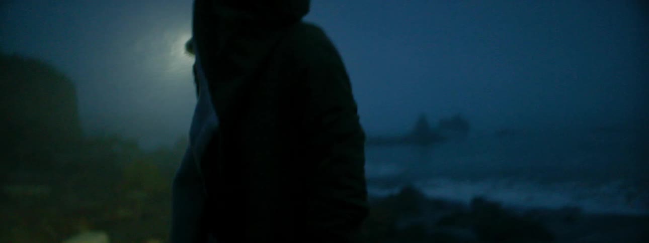 A woman shines a flashlight on the beach at night